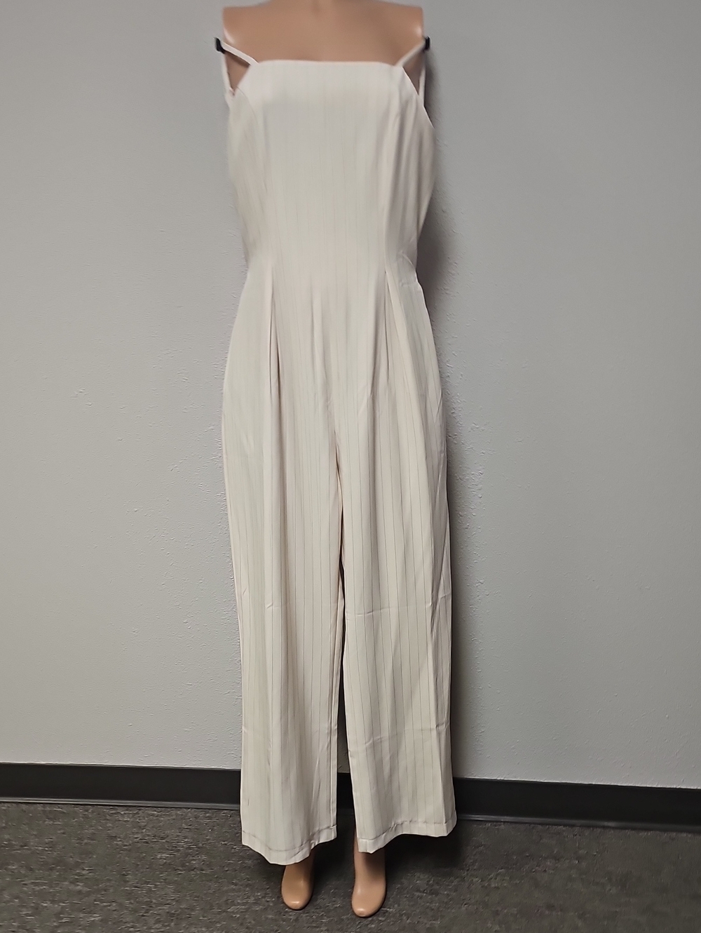 Monteau Cream Sleeveless Wide-Leg Jumpsuit with Subtle Pinstripes